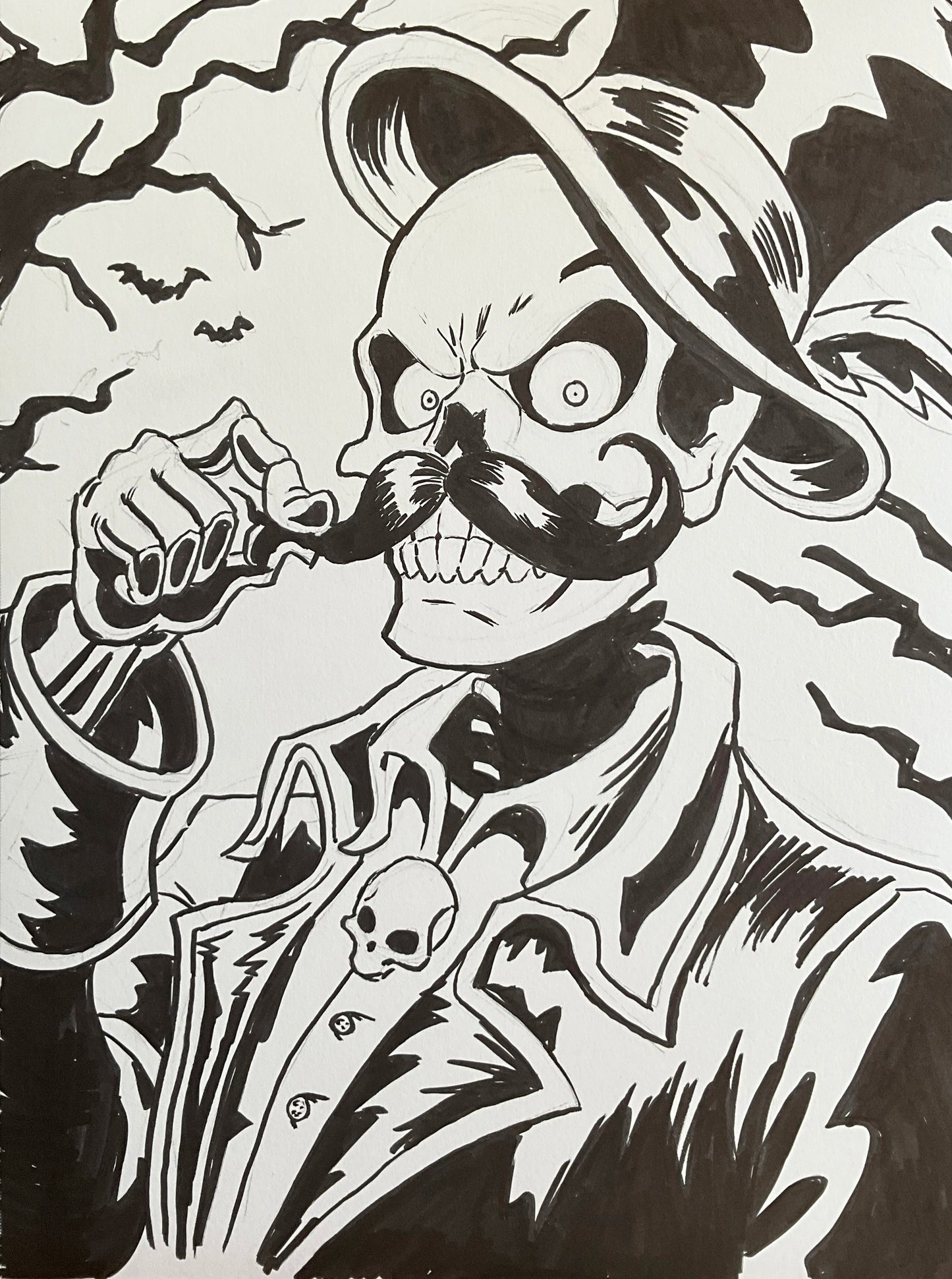 Mustache Skelly – 9×12 Original Sketch