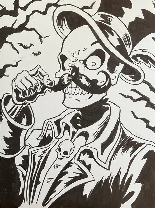 Mustache Skelly – 9×12 Original Sketch