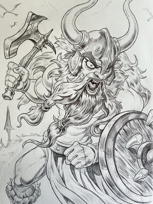 Dragon Slaying Viking – 9×12 Original Sketch